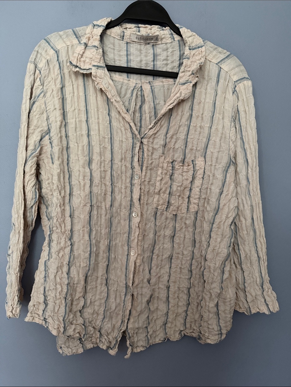 Cut Loose Cotton Linen Crinkle Stripe Shirt Medium Button Up Relaxed Boho